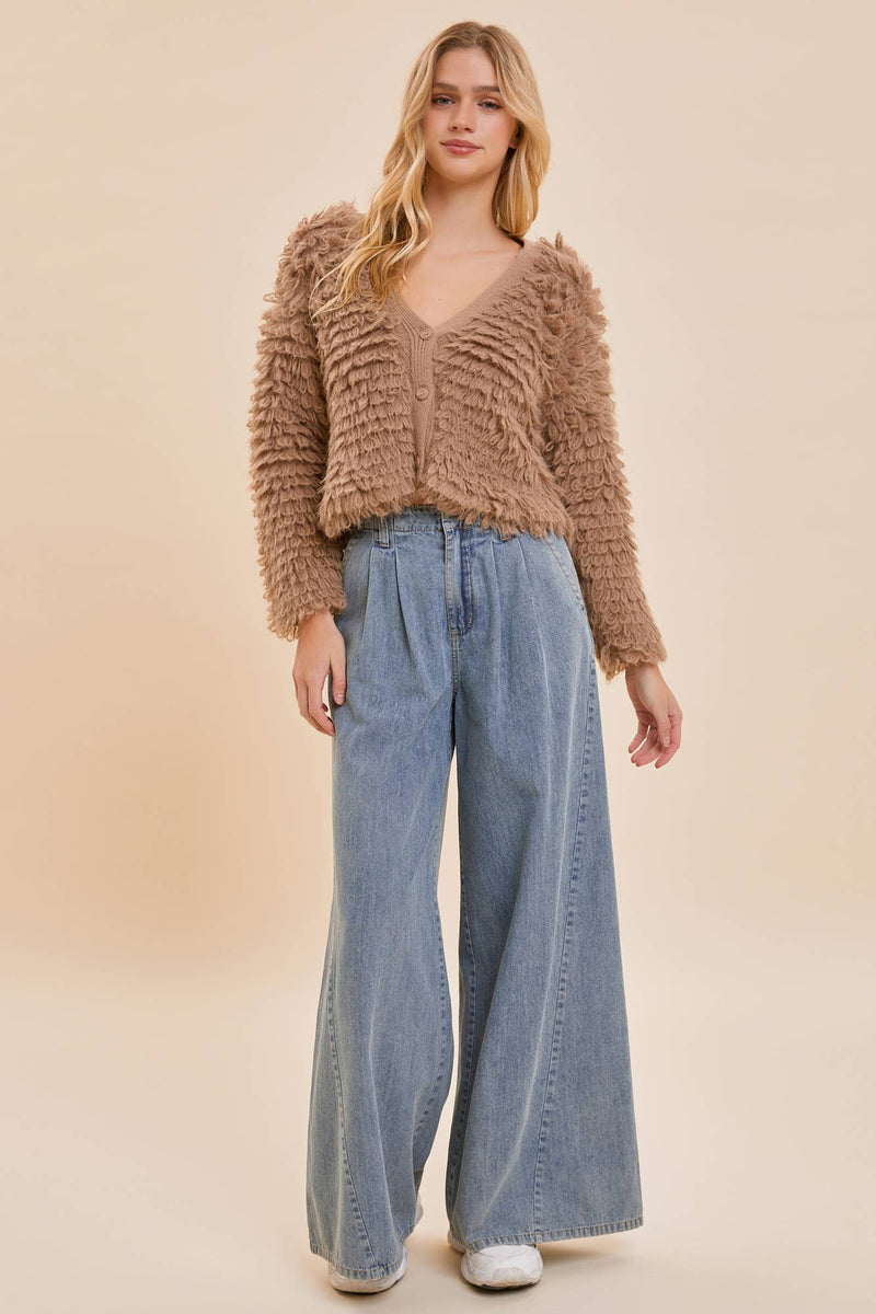 V-Neck Taupe Fuzzy Knit Cardigan Mustard Seed
