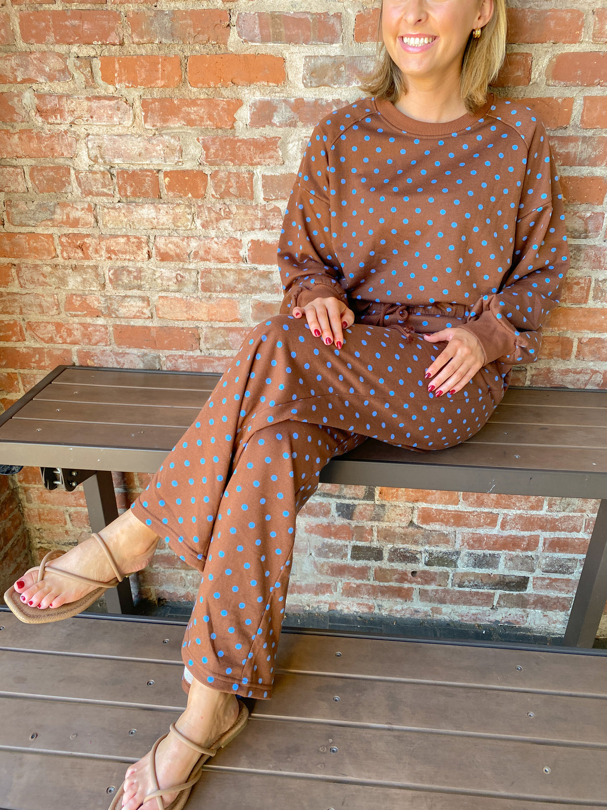 Brown and Blue Polka Dot Drawstring Wide Leg Long Sleeve Top Pant Set | K English Collection