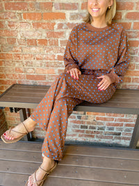 Brown and Blue Polka Dot Drawstring Wide Leg Long Sleeve Top Pant Set | K English Collection