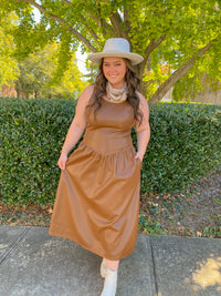 BROWN SCOOPED NECK SLEEVELESS DROP WAIST FAUX LEATHER MIDI DRESS | Sunday Edition by LE LIS