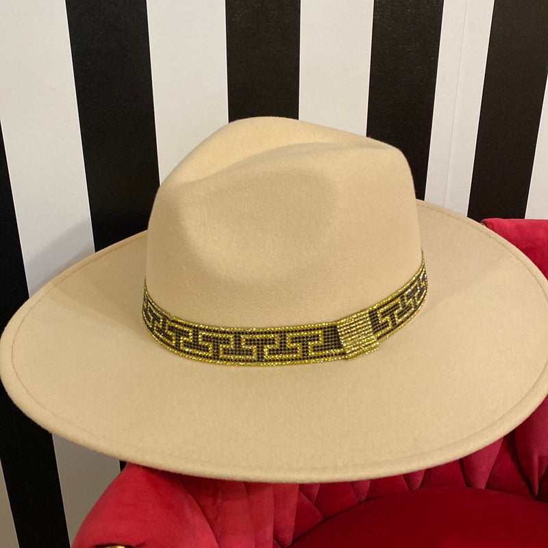 TAUPE FLAT BRIM HAT WITH GOLD DETAILING-Sissy Boutique-Sissy Boutique