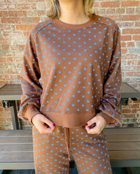 Brown and Blue Polka Dot Drawstring Wide Leg Long Sleeve Top Pant Set | K English Collection