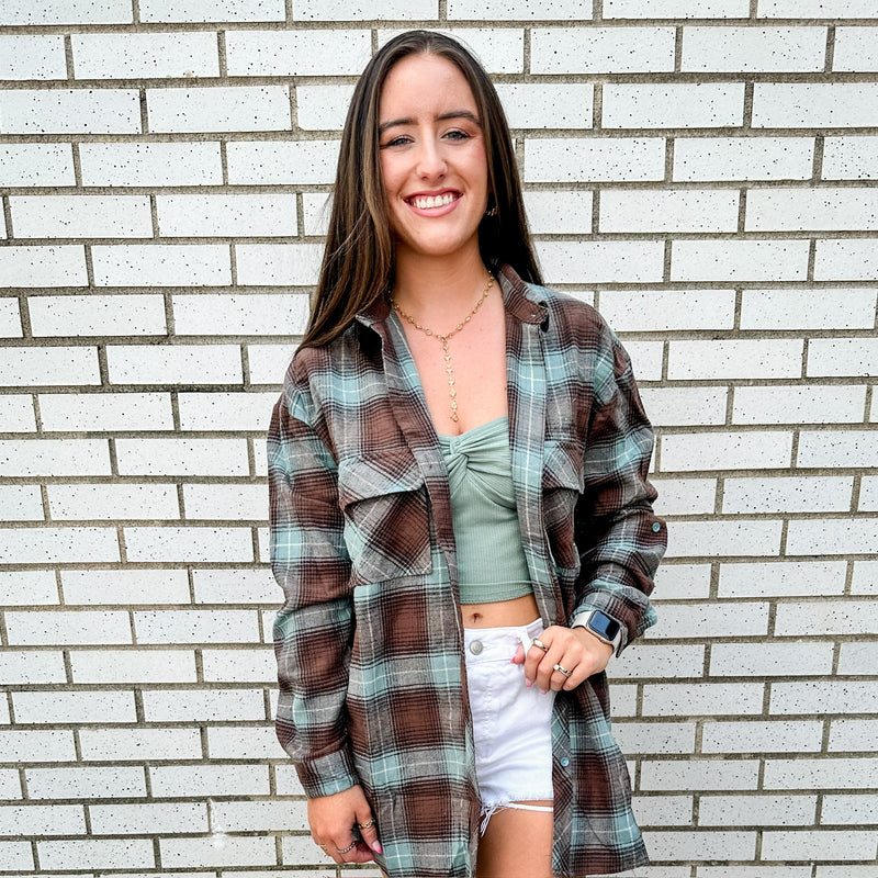 Brown and Teal Collared Plaid Button Down Shirt Vine & Love
