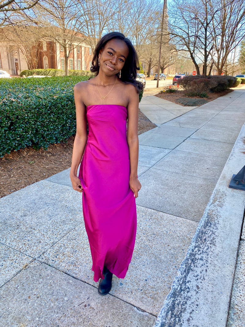 SATIN MAGENTA DRAPING TIE BACK STRAPLESS MAXI DRESS-Aakaa-Sissy Boutique