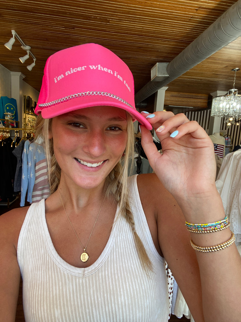 I’M NICER WHEN I’M TAN HOT PINK TRUCKER HAT WITH SILVER CHAIN-Grace And Groove-Sissy Boutique