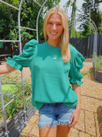 Green Pleated Puff Short Sleeve Top