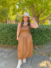 BROWN SCOOPED NECK SLEEVELESS DROP WAIST FAUX LEATHER MIDI DRESS | Sunday Edition by LE LIS