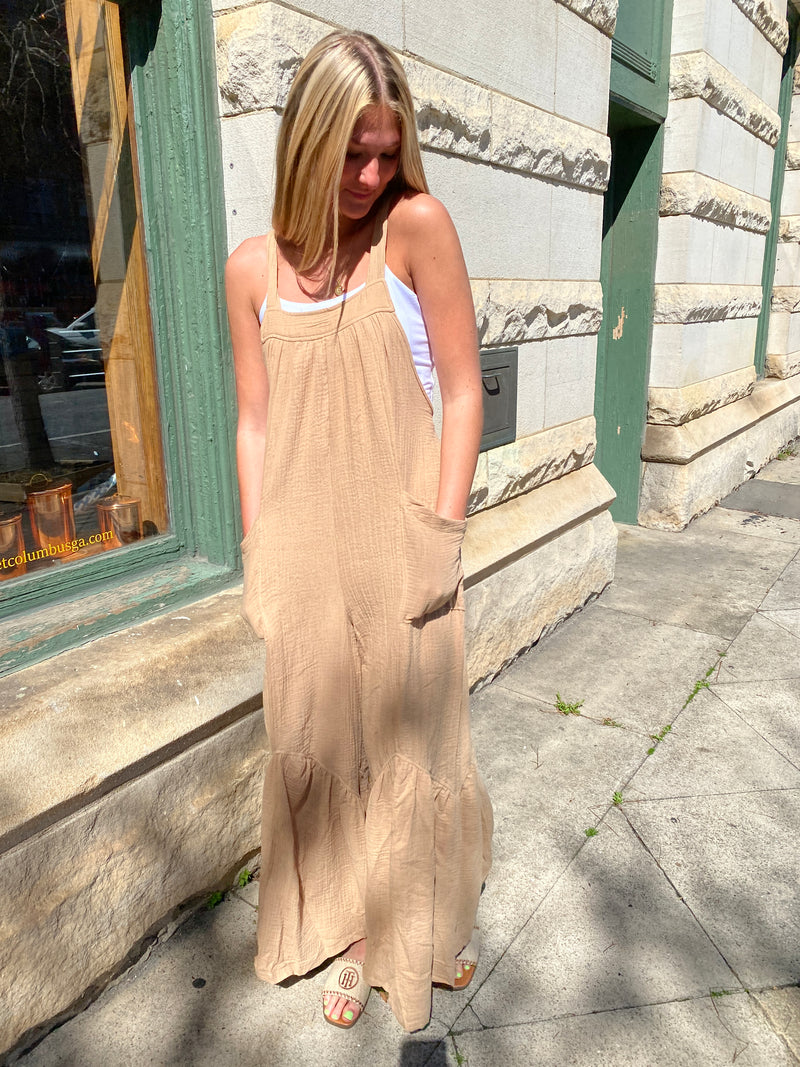 TAUPE SHIRRING DETAILED WIDE LEG JUMPSUIT-Ces Femme-Sissy Boutique