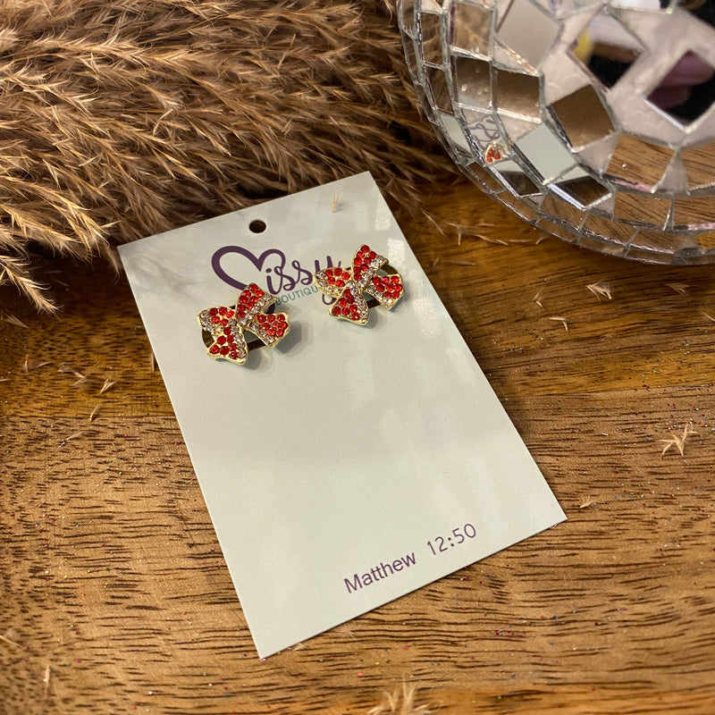 Red And Silver Diamond Bow Studs Sissy Boutique