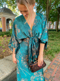 Teal Floral Kimono Sleeve Tie Back Maxi Dress l | Aakaa