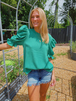 Green Pleated Puff Short Sleeve Top