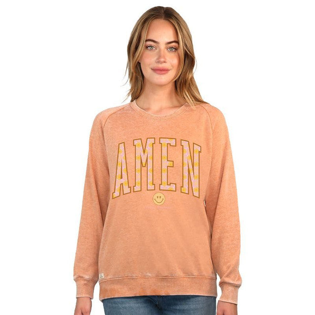 RUST AMEN DAISY AND SMILEY FACE CREWNECK SWEATSHIRT-Simply Southern-Sissy Boutique