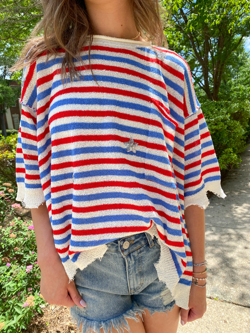 RED, BLUE, WHITE RAW EDGE STRIPED SWEATER