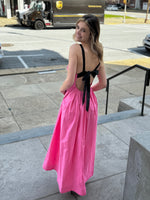 Fabiola Pink Pleated Maxi Dress with Back Black Bow/Ribbon Sugarlips