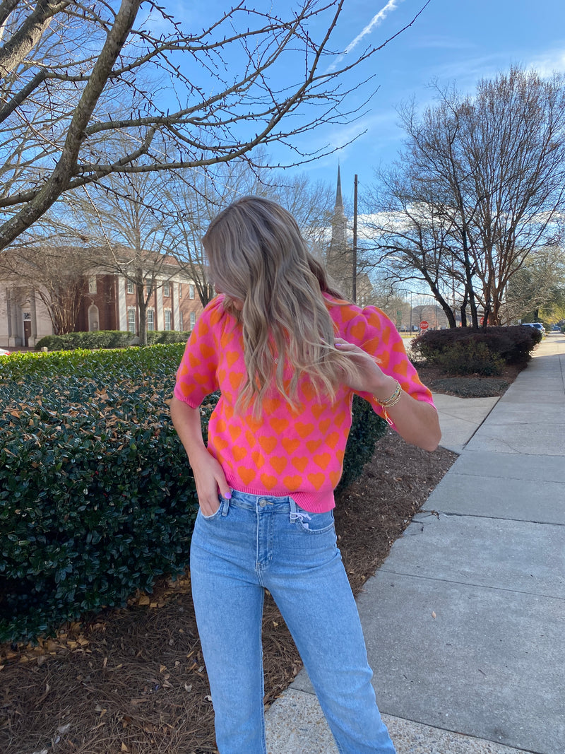 Pink Short Sleeve Knit Sweater with Orange Hearts THML