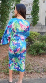 Blue Floral Kimono Sleeve Midi Dress FLYING TOMATO
