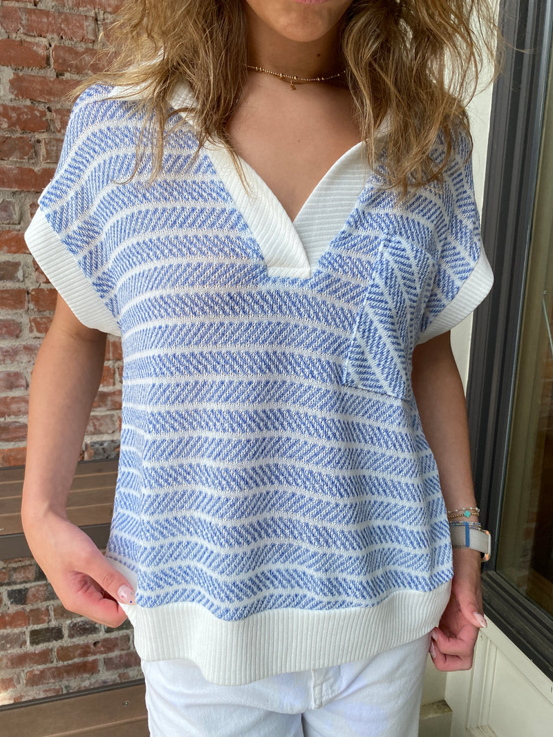 Blue Striped Knit V-neck Short Sleeve Top-Ces Femme-Sissy Boutique