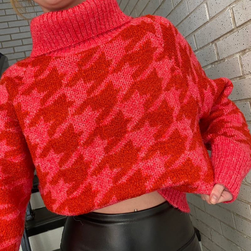 RED AND PINK HOUNDSTOOTH TURTLE NECK SWEATER-Sissy Boutique-Sissy Boutique
