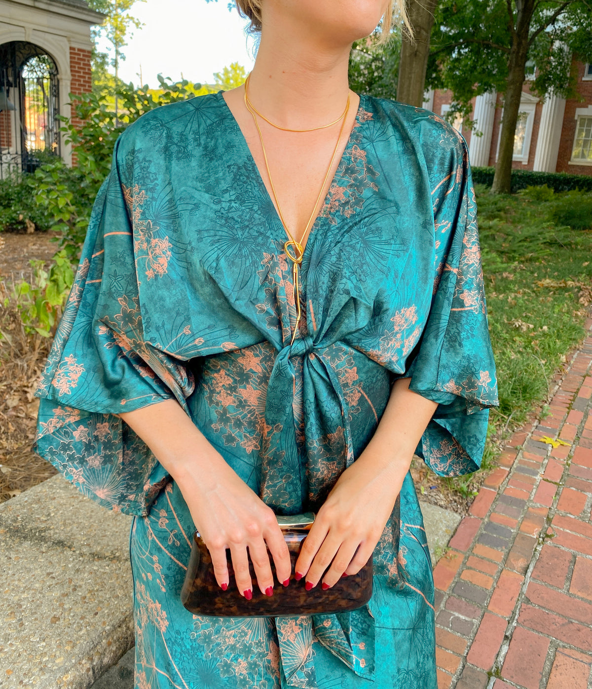 Teal Floral Kimono Sleeve Tie Back Maxi Dress l | Aakaa