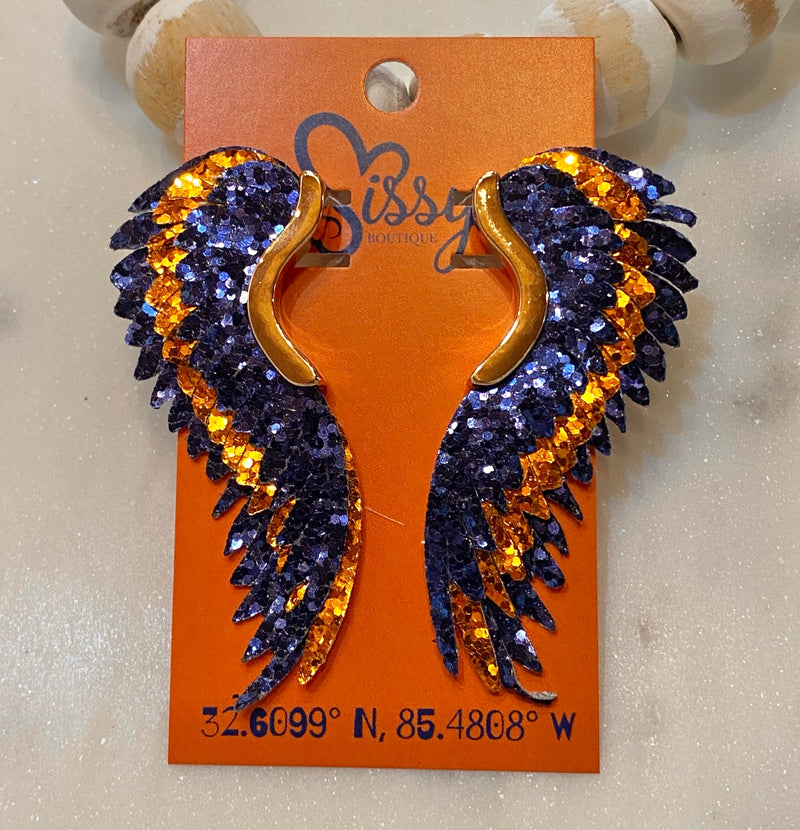 ORANGE AND NAVY GLITTER FULL ANGEL WING EARRINGS-Sissy Boutique-Sissy Boutique