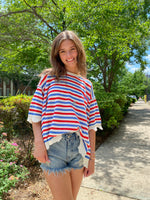 RED, BLUE, WHITE RAW EDGE STRIPED SWEATER