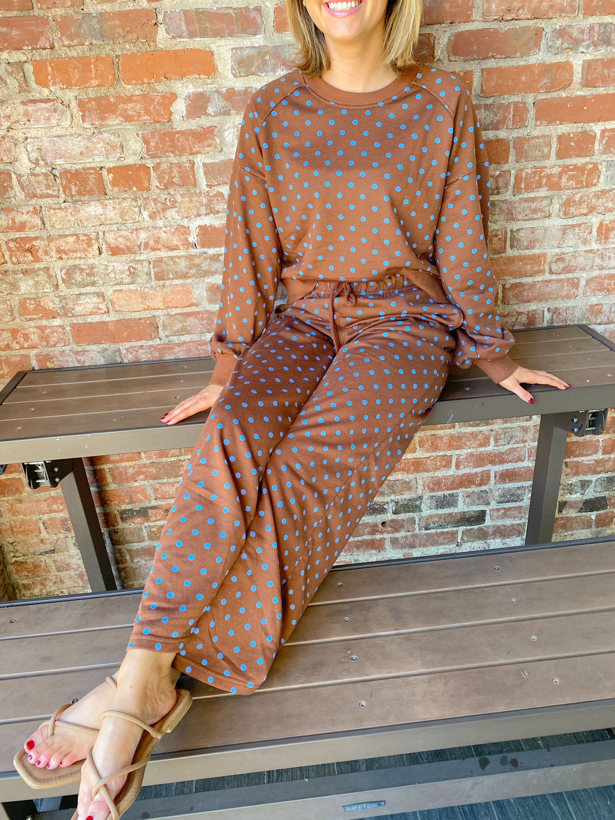 Brown and Blue Polka Dot Drawstring Wide Leg Long Sleeve Top Pant Set | K English Collection
