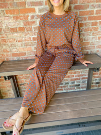 Brown and Blue Polka Dot Drawstring Wide Leg Long Sleeve Top Pant Set | K English Collection