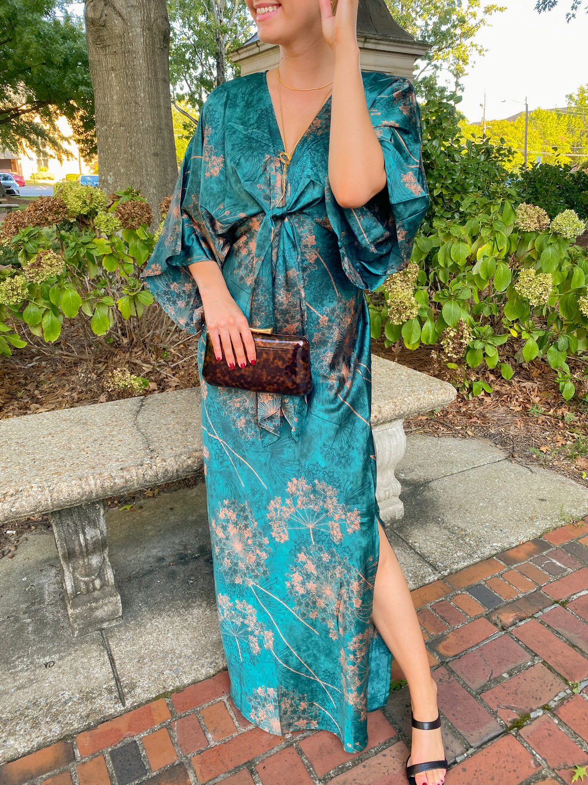 Teal Floral Kimono Sleeve Tie Back Maxi Dress l | Aakaa