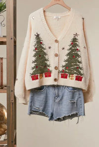 Cream Christmas Tree Button Up Long Sleeve V-Neck Cardigan | Mello.