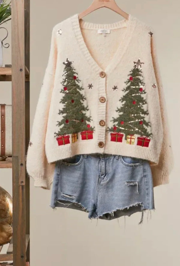 Cream Christmas Tree Button Up Long Sleeve V-Neck Cardigan | Mello.