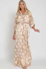 Khaki and White Floral Belted Maxi Dress with Button Down Collared 3/4 Sleeve Top Aakaa