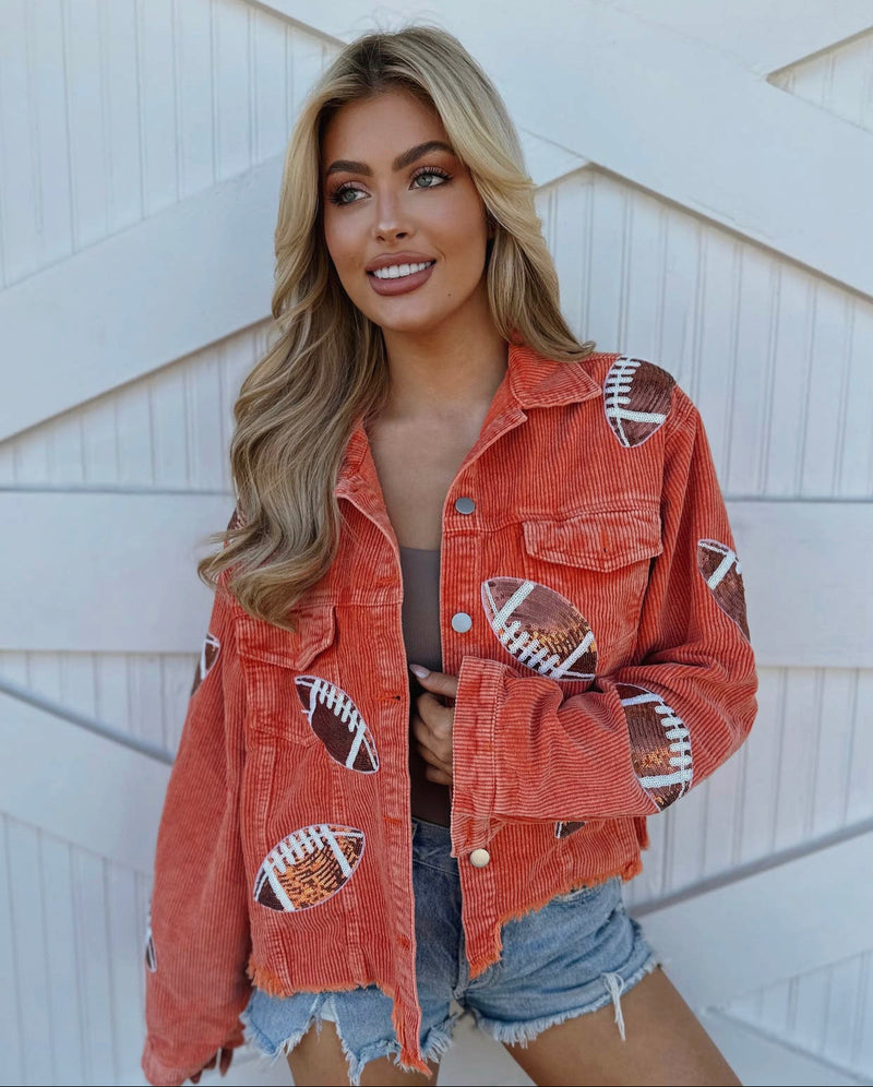 ORANGE CORDUROY SEQUIN FOOTBALL CROPPED JACKET-Live Love Gameday®-Sissy Boutique