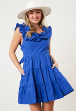 BLUE SOLID POPLIN RUFFLE TIERED MINI DRESS-Sissy Boutique-Sissy Boutique