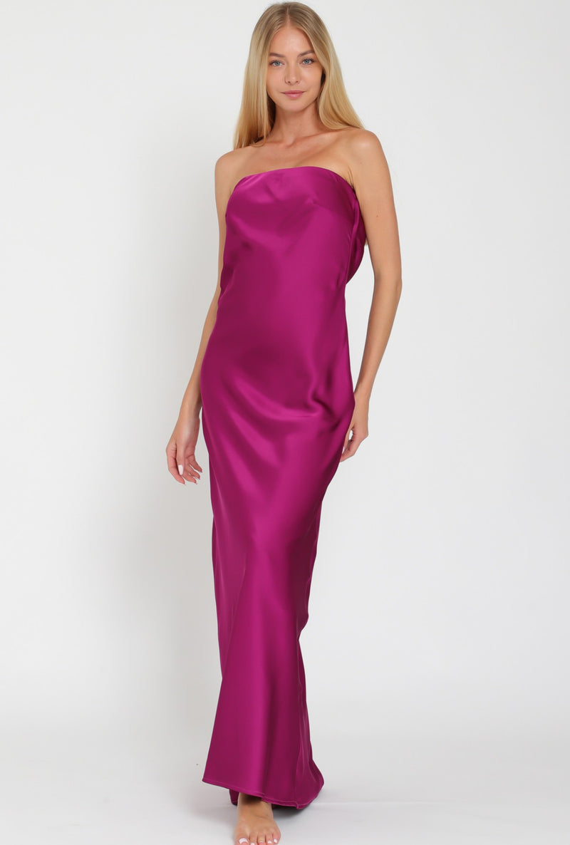 SATIN MAGENTA DRAPING TIE BACK STRAPLESS MAXI DRESS-Aakaa-Sissy Boutique