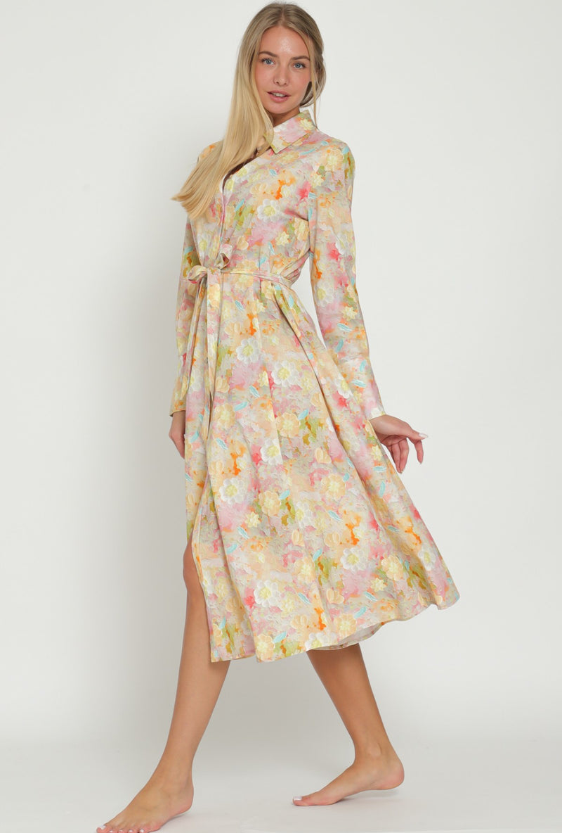 LONG SLEEVE BUTTON DOWN BELTED PASTEL FLORAL MIDI DRESS-Aakaa-Sissy Boutique