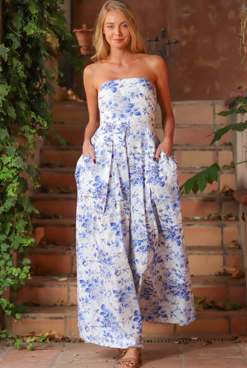 White and Blue Floral Tube Top Jumpsuit with Tie Back Aakaa