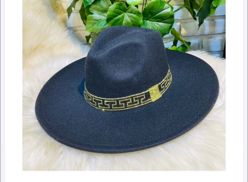 BLACK FLAT BRIM HAT WITH GOLD DETAILING-Sissy Boutique-Sissy Boutique