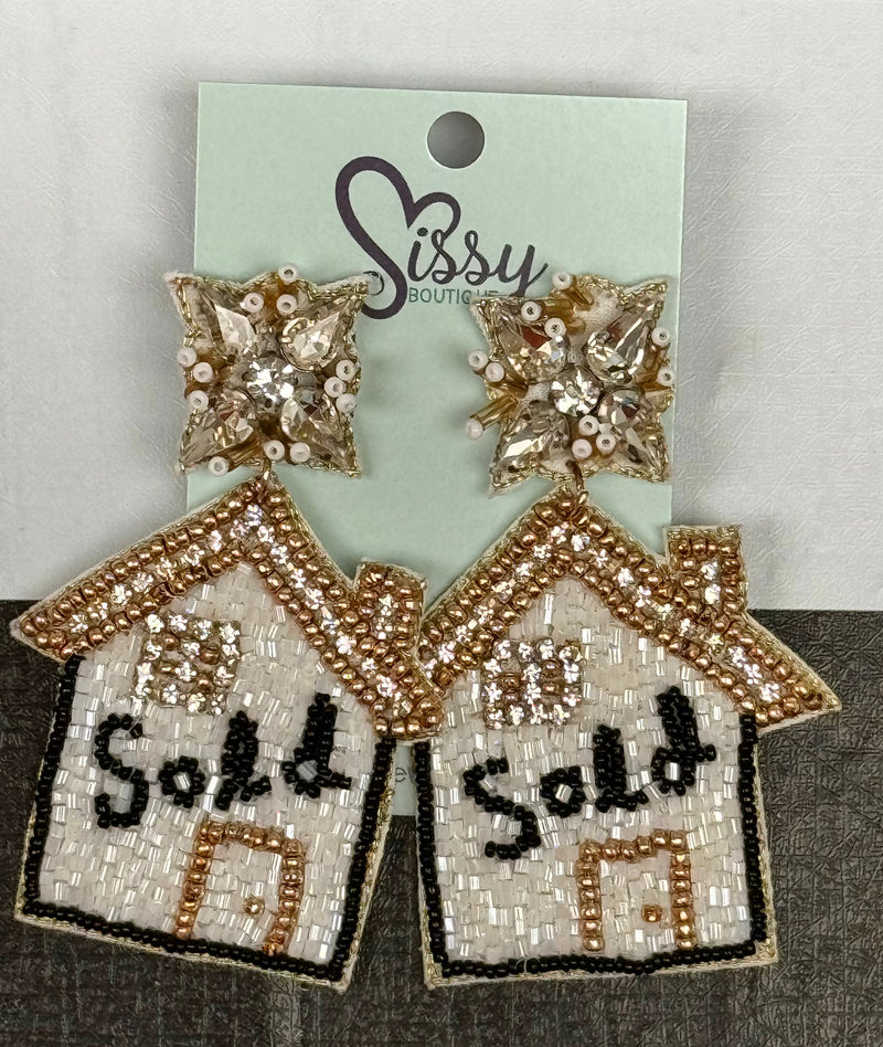 SOLD Real Estate Agent Statement Seedbead and Jewel Earrings Gold White and Black Sissy Boutique
