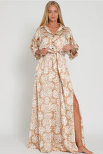 Khaki and White Floral Belted Maxi Dress with Button Down Collared 3/4 Sleeve Top Aakaa