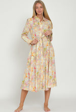 Long Sleeve Button Down Belted Pastel Floral Midi Dress Aakaa