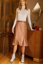 Color Block Panel Leather Midi Skirt with Side Zipper VOY