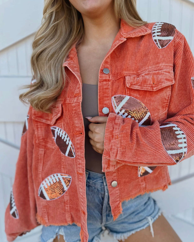 ORANGE CORDUROY SEQUIN FOOTBALL CROPPED JACKET-Live Love Gameday®-Sissy Boutique