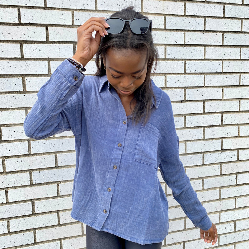 SIMPLY SOUTHERN INDIGO BUTTON DOWN GAUZE SHIRT WITH FRONT POCKET-Sissy Boutique-Sissy Boutique