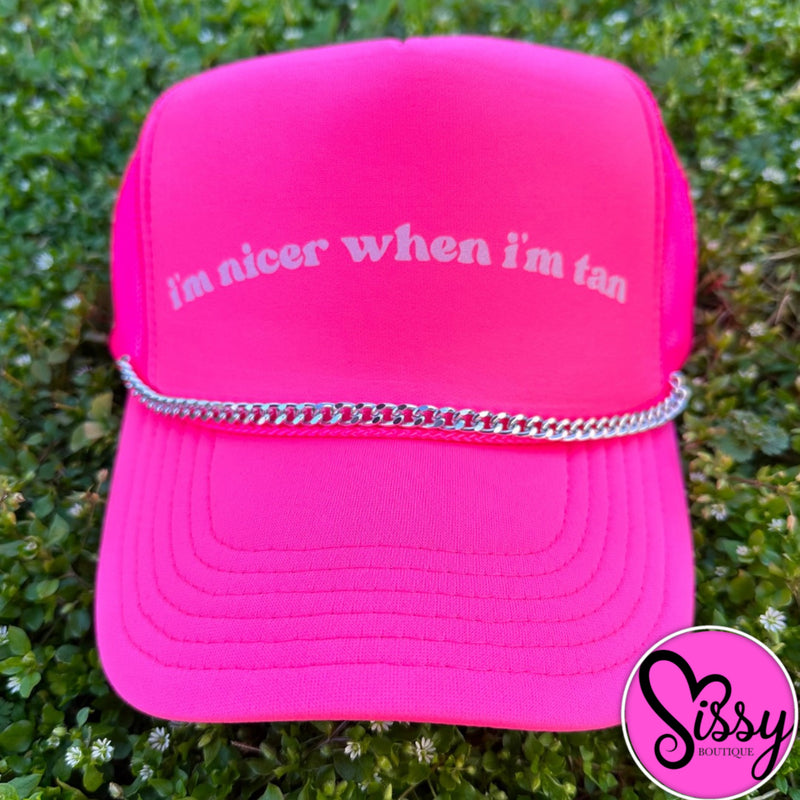 I’M NICER WHEN I’M TAN HOT PINK TRUCKER HAT WITH SILVER CHAIN-Grace And Groove-Sissy Boutique
