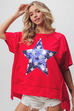 USA Red Uneven Hem Top with Blue & White Star Sequins Design-Sissy Boutique-Sissy Boutique
