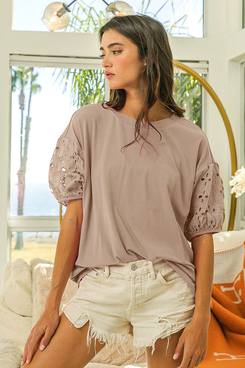 Taupe Short Puff Lace Sleeve Rib Knit Top-Sissy Boutique-Sissy Boutique