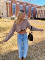 TAUPE CROPPED SWEATER WITH VNECK AND WIDE SLEEVES-Sissy Boutique-Sissy Boutique