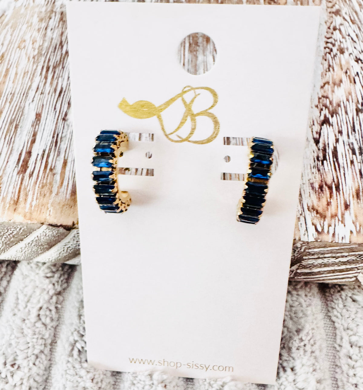 18K Gold Plated Inlayed Sapphire Blue Beveled Hoop Studs | Sissy Boutique