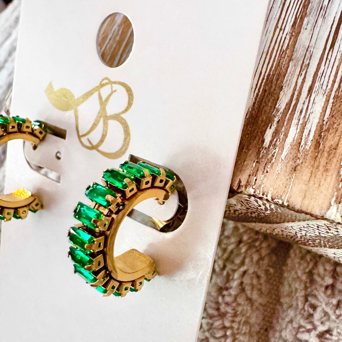 18K Gold Plated Inlayed Emerald Green Beveled Hoop Studs | Sissy Boutique