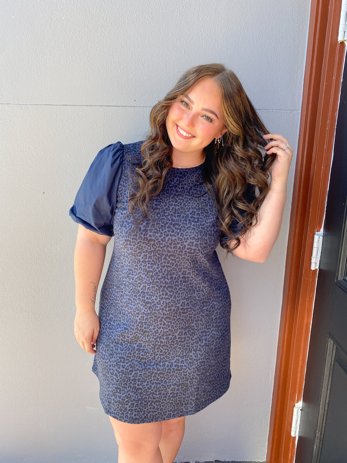 Aegean Wild Navy Leopard Print Puff Sleeve Mini Dress | Meetmeinsantorini